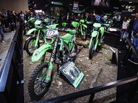 A general view of a motorcycle display at the Kawasaki stand during the 110th edition of EICMA Milan Motorcycle Show at Rho Fiera Milano in...