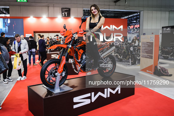 A general view of a motorcycle display at the SWM stand during the 110th edition of the EICMA Milan Motorcycle Show at Rho Fiera Milano in M...