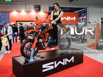 A general view of a motorcycle display at the SWM stand during the 110th edition of the EICMA Milan Motorcycle Show at Rho Fiera Milano in M...