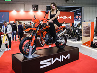 A general view of a motorcycle display at the SWM stand during the 110th edition of the EICMA Milan Motorcycle Show at Rho Fiera Milano in M...