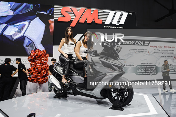 A general view of a motorcycle display at the Sym stand during the 110th edition of the EICMA Milan Motorcycle Show at Rho Fiera Milano in M...