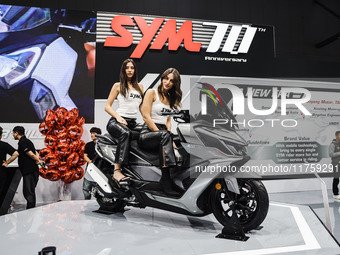 A general view of a motorcycle display at the Sym stand during the 110th edition of the EICMA Milan Motorcycle Show at Rho Fiera Milano in M...