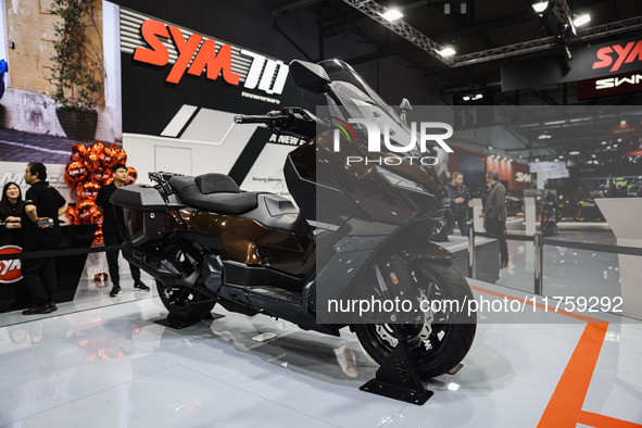 A general view of a motorcycle display at the Sym stand during the 110th edition of the EICMA Milan Motorcycle Show at Rho Fiera Milano in M...