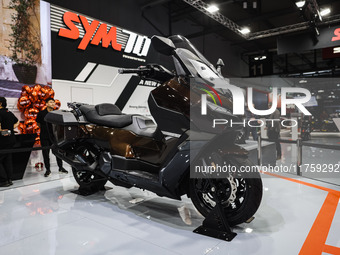 A general view of a motorcycle display at the Sym stand during the 110th edition of the EICMA Milan Motorcycle Show at Rho Fiera Milano in M...