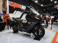 A general view of a motorcycle display at the Sym stand during the 110th edition of the EICMA Milan Motorcycle Show at Rho Fiera Milano in M...