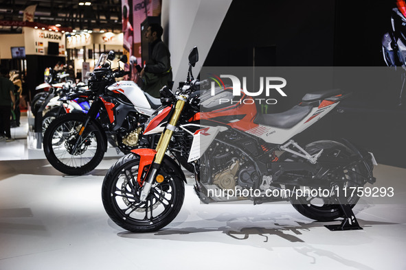 A general view of a motorcycle display at the exhibition stand during the 110th edition of EICMA Milan Motorcycle Show at Rho Fiera Milano i...