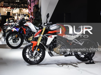 A general view of a motorcycle display at the exhibition stand during the 110th edition of EICMA Milan Motorcycle Show at Rho Fiera Milano i...