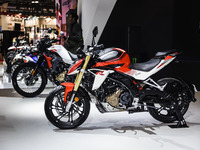 A general view of a motorcycle display at the exhibition stand during the 110th edition of EICMA Milan Motorcycle Show at Rho Fiera Milano i...