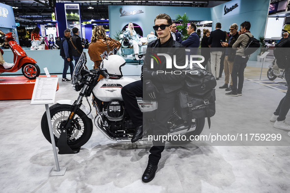 A general view of a motorcycle display at the Moto Guzzi stand during the 110th edition of EICMA Milan Motorcycle Show at Rho Fiera Milano i...