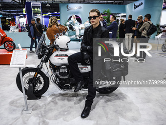 A general view of a motorcycle display at the Moto Guzzi stand during the 110th edition of EICMA Milan Motorcycle Show at Rho Fiera Milano i...