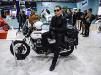 A general view of a motorcycle display at the Moto Guzzi stand during the 110th edition of EICMA Milan Motorcycle Show at Rho Fiera Milano i...