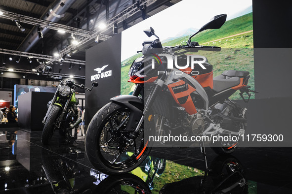 A general view of a motorcycle display at the Moto Guzzi stand during the 110th edition of EICMA Milan Motorcycle Show at Rho Fiera Milano i...