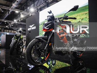 A general view of a motorcycle display at the Moto Guzzi stand during the 110th edition of EICMA Milan Motorcycle Show at Rho Fiera Milano i...