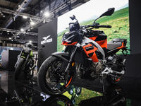 A general view of a motorcycle display at the Moto Guzzi stand during the 110th edition of EICMA Milan Motorcycle Show at Rho Fiera Milano i...