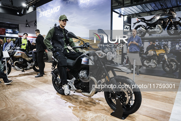 A general view of a motorcycle display at the Moto Guzzi stand during the 110th edition of EICMA Milan Motorcycle Show at Rho Fiera Milano i...