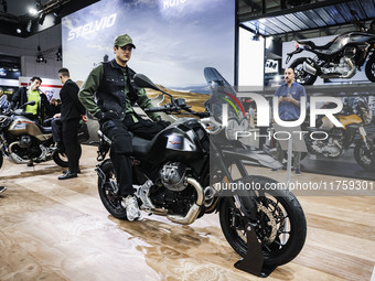 A general view of a motorcycle display at the Moto Guzzi stand during the 110th edition of EICMA Milan Motorcycle Show at Rho Fiera Milano i...