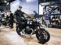 A general view of a motorcycle display at the Moto Guzzi stand during the 110th edition of EICMA Milan Motorcycle Show at Rho Fiera Milano i...