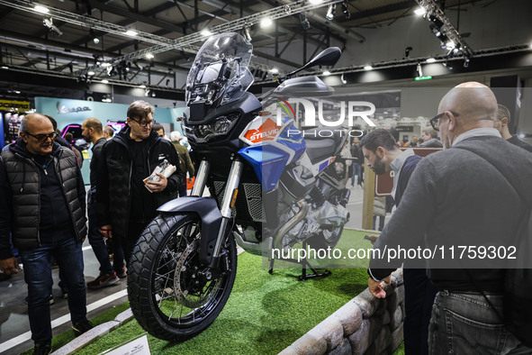 A general view of a motorcycle display at the Moto Guzzi stand during the 110th edition of EICMA Milan Motorcycle Show at Rho Fiera Milano i...