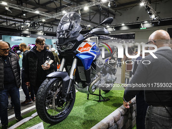 A general view of a motorcycle display at the Moto Guzzi stand during the 110th edition of EICMA Milan Motorcycle Show at Rho Fiera Milano i...