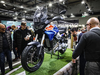 A general view of a motorcycle display at the Moto Guzzi stand during the 110th edition of EICMA Milan Motorcycle Show at Rho Fiera Milano i...