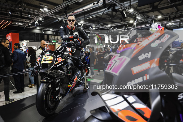 A general view of a motorcycle display at the Aprilia stand during the 110th edition of EICMA Milan Motorcycle Show at Rho Fiera Milano in M...