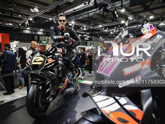 A general view of a motorcycle display at the Aprilia stand during the 110th edition of EICMA Milan Motorcycle Show at Rho Fiera Milano in M...