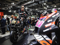 A general view of a motorcycle display at the Aprilia stand during the 110th edition of EICMA Milan Motorcycle Show at Rho Fiera Milano in M...