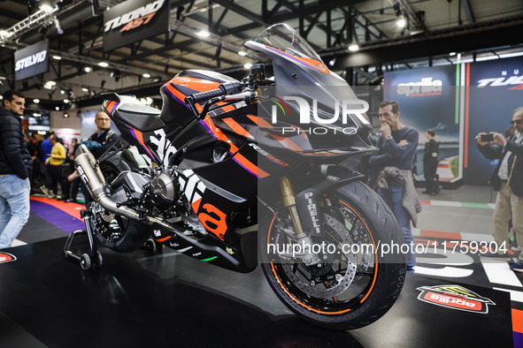 A general view of a motorcycle display at the Aprilia stand during the 110th edition of EICMA Milan Motorcycle Show at Rho Fiera Milano in M...