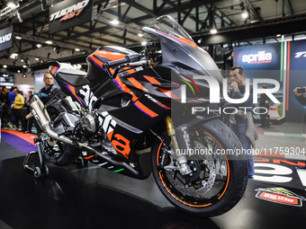 A general view of a motorcycle display at the Aprilia stand during the 110th edition of EICMA Milan Motorcycle Show at Rho Fiera Milano in M...