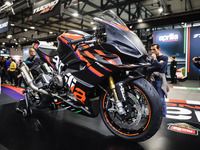 A general view of a motorcycle display at the Aprilia stand during the 110th edition of EICMA Milan Motorcycle Show at Rho Fiera Milano in M...