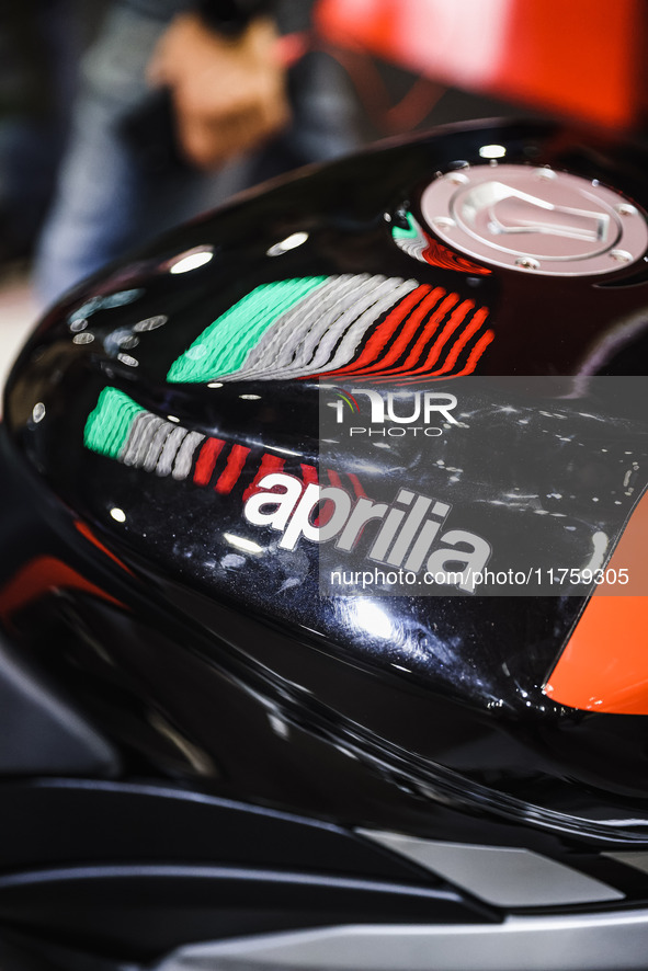 A general view of a motorcycle display at the Aprilia stand during the 110th edition of EICMA Milan Motorcycle Show at Rho Fiera Milano in M...