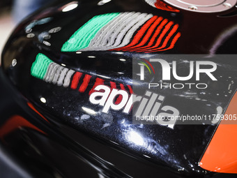 A general view of a motorcycle display at the Aprilia stand during the 110th edition of EICMA Milan Motorcycle Show at Rho Fiera Milano in M...