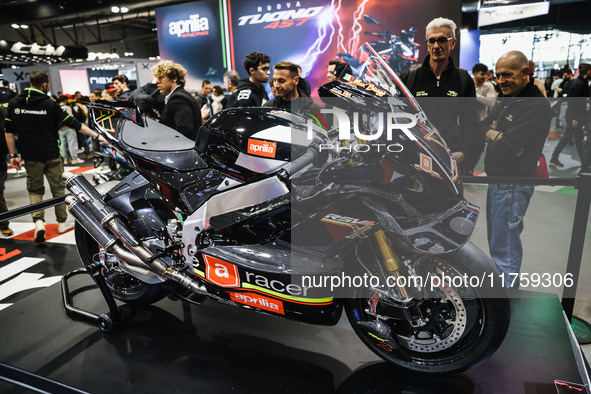 A general view of a motorcycle display at the Aprilia stand during the 110th edition of EICMA Milan Motorcycle Show at Rho Fiera Milano in M...