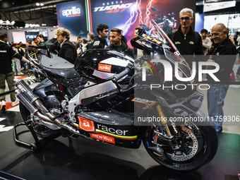 A general view of a motorcycle display at the Aprilia stand during the 110th edition of EICMA Milan Motorcycle Show at Rho Fiera Milano in M...