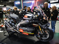 A general view of a motorcycle display at the Aprilia stand during the 110th edition of EICMA Milan Motorcycle Show at Rho Fiera Milano in M...