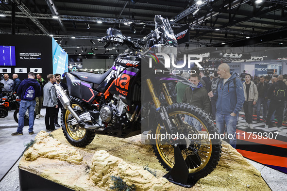 A general view of a motorcycle display at the Aprilia stand during the 110th edition of EICMA Milan Motorcycle Show at Rho Fiera Milano in M...