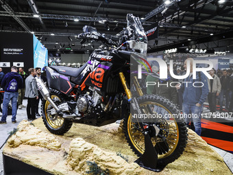 A general view of a motorcycle display at the Aprilia stand during the 110th edition of EICMA Milan Motorcycle Show at Rho Fiera Milano in M...