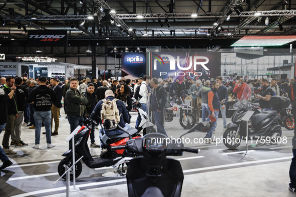 A general view of a motorcycle display at the Aprilia stand during the 110th edition of EICMA Milan Motorcycle Show at Rho Fiera Milano in M...