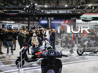 A general view of a motorcycle display at the Aprilia stand during the 110th edition of EICMA Milan Motorcycle Show at Rho Fiera Milano in M...