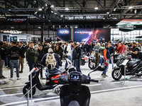 A general view of a motorcycle display at the Aprilia stand during the 110th edition of EICMA Milan Motorcycle Show at Rho Fiera Milano in M...