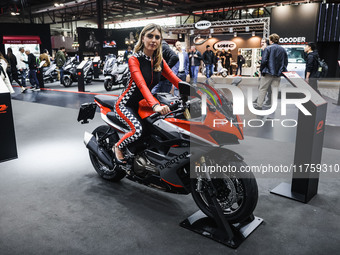 A general view of a motorcycle display at the QJ Motor stand during the 110th edition of EICMA Milan Motorcycle Show at Rho Fiera Milano in...