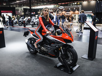 A general view of a motorcycle display at the QJ Motor stand during the 110th edition of EICMA Milan Motorcycle Show at Rho Fiera Milano in...