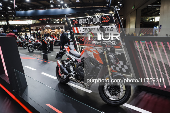 A general view of a motorcycle display at the QJ Motor stand during the 110th edition of EICMA Milan Motorcycle Show at Rho Fiera Milano in...