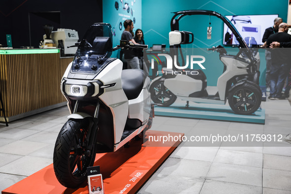 A general view of a motorcycle display at the exhibition stand during the 110th edition of EICMA Milan Motorcycle Show at Rho Fiera Milano i...