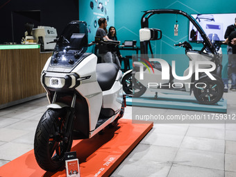 A general view of a motorcycle display at the exhibition stand during the 110th edition of EICMA Milan Motorcycle Show at Rho Fiera Milano i...