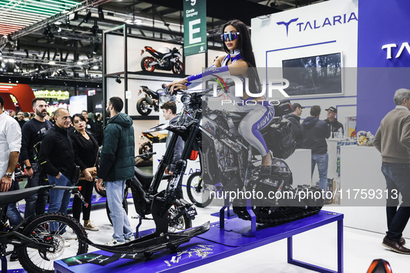 A general view of a motorcycle display at the Talaria stand during the 110th edition of the EICMA Milan Motorcycle Show at Rho Fiera Milano...