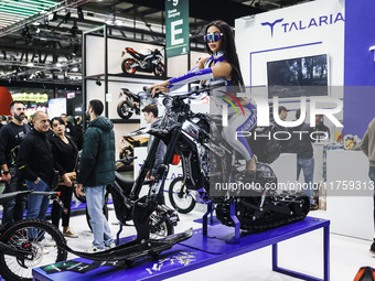 A general view of a motorcycle display at the Talaria stand during the 110th edition of the EICMA Milan Motorcycle Show at Rho Fiera Milano...