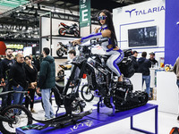 A general view of a motorcycle display at the Talaria stand during the 110th edition of the EICMA Milan Motorcycle Show at Rho Fiera Milano...