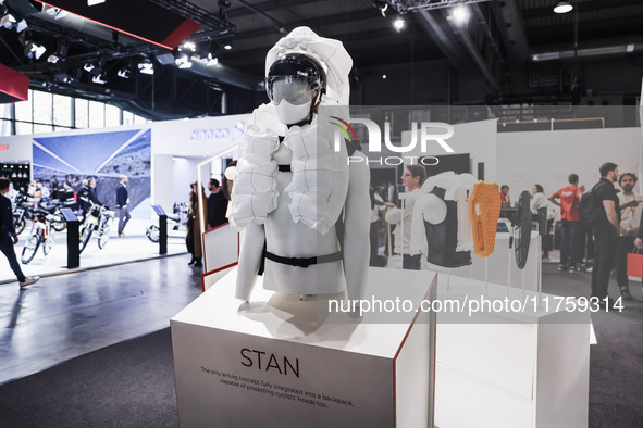 A general view of a motorcycle display at the exhibition stand during the 110th edition of EICMA Milan Motorcycle Show at Rho Fiera Milano i...