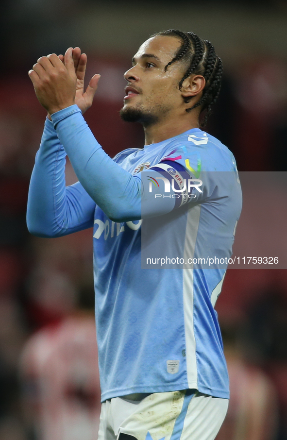 Joel Latibeaudiere of Coventry City applauds the Coventry City fans during the Sky Bet Championship match between Sunderland and Coventry Ci...